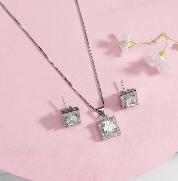 Pure 925 Silver Square Necklace Set with Chain and Earring