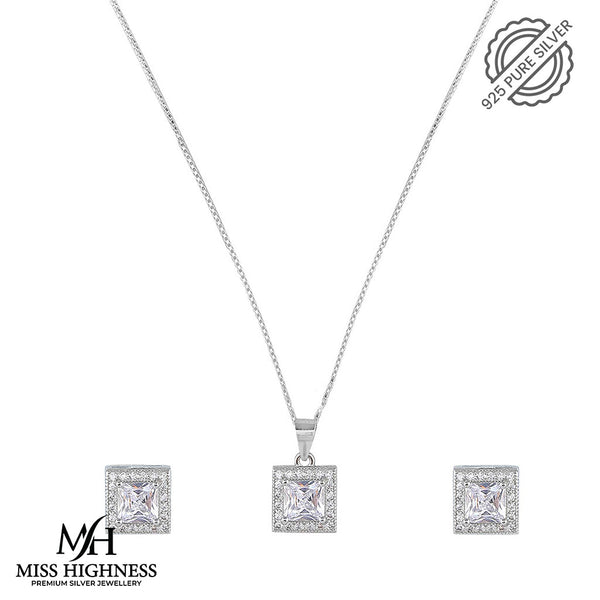 Pure 925 Silver Square Necklace Set with Chain and Earring