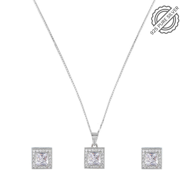 Pure 925 Silver Square Necklace Set with Chain and Earring