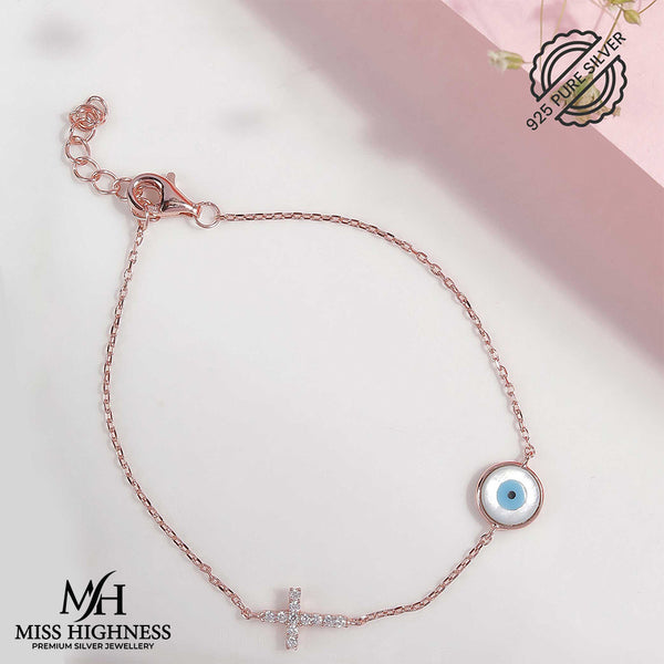 Evil Eye Rose Gold Plated Silver Bracelet with Cross