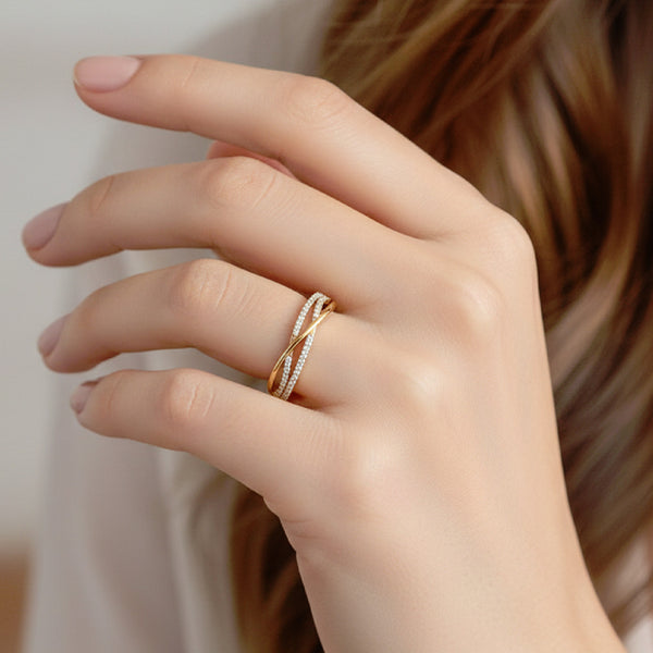 Miss Highness Gold-Plated 925 Silver Crossover CZ Ring for Women | Elegant Triple Band Design