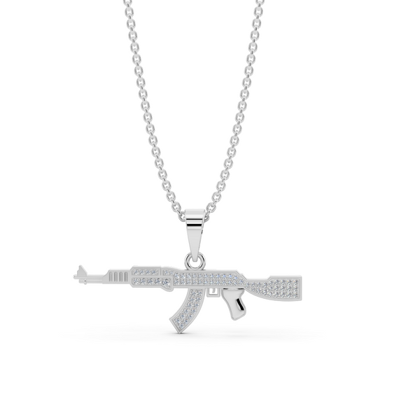 925 Pure Silver AK47 Gun White Iced  Pedant For Mens with Chain
