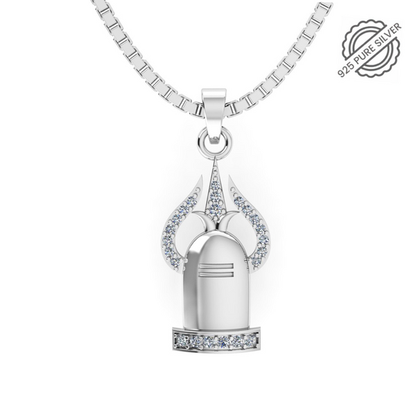 Pure 925 Silver Shiv Trishul and Shivling Pendant with Link Chain