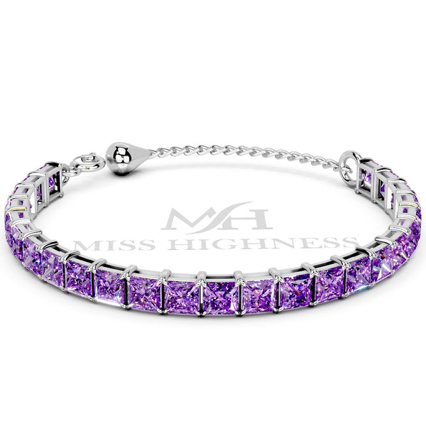 Miss Highness 925 Silver Adjustable Bracelet, Purple Zircon Diamond, Rhodium Plated Tennis Bracelet for Women