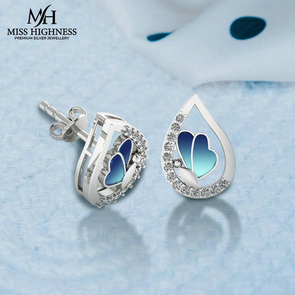 Pure 925 Silver Blue Butterfly Special Stud Earrings For Ladies