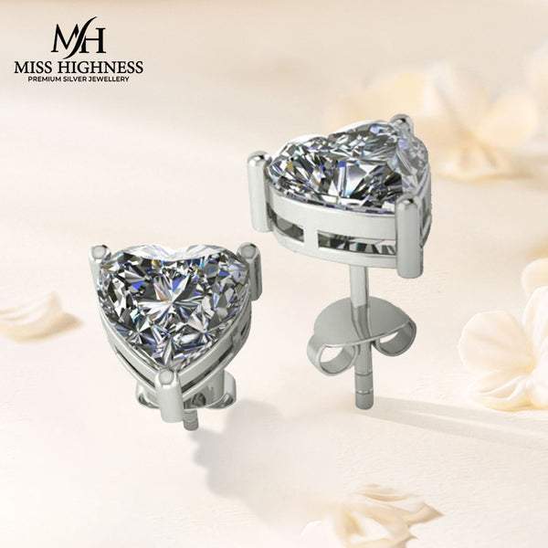 925 Sterling Silver Heart Shape Diamond Stud Earrings for Women and Girls