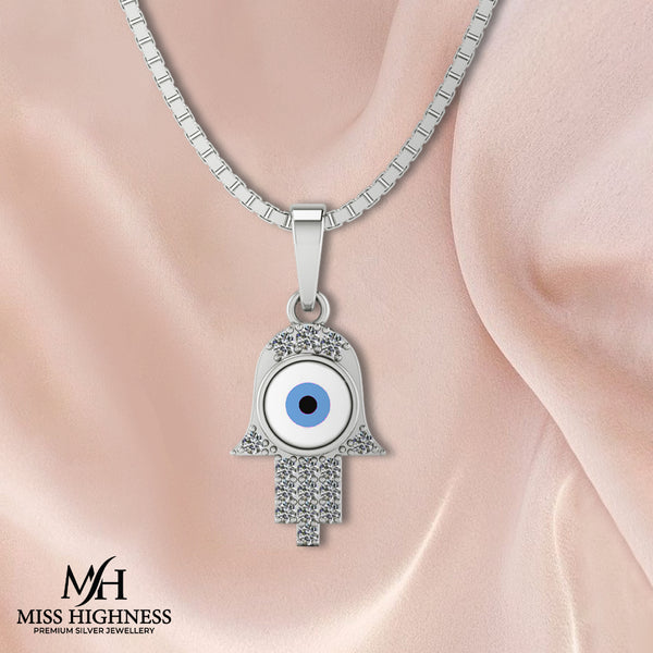 Pure 925 Silver Hamsa Hand Evil Eye Pendantwith chain