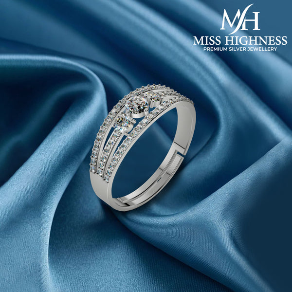 Pure 925 Sterling Silver Adjustable Couple Rings | Rhodium Plated Cubic Zirconia Ring For Women