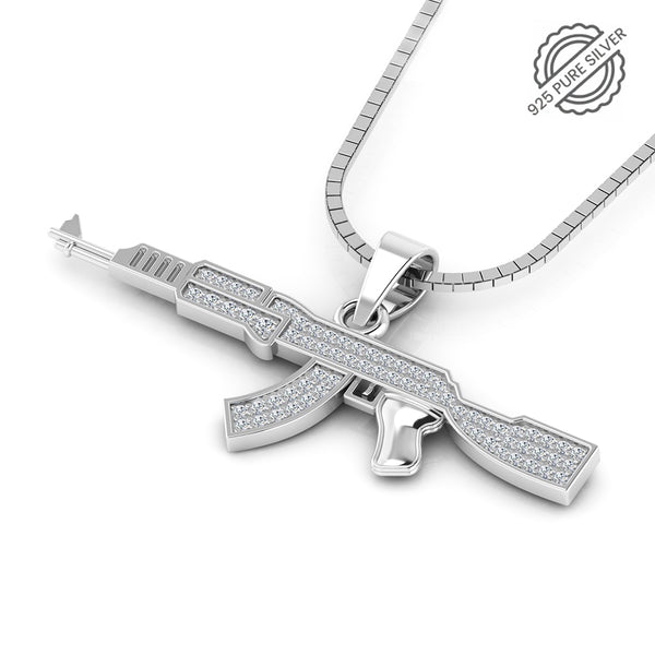 925 Pure Silver AK47 Gun White Iced  Pedant For Mens with Chain