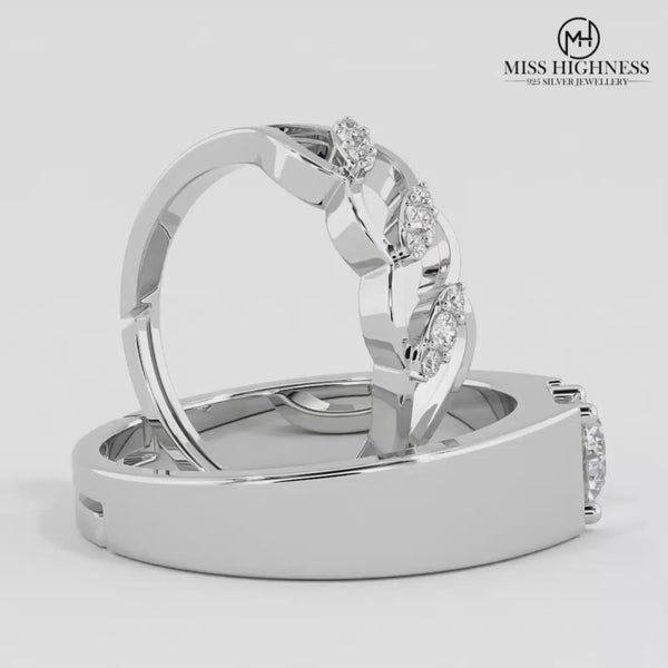 925 Sterling Silver Solitaire and Crystal Designer Zircon Diamond Ring for Couple