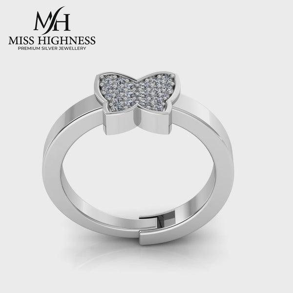 925 Sterling Silver Diamond studded Freesize Butterfly Ring