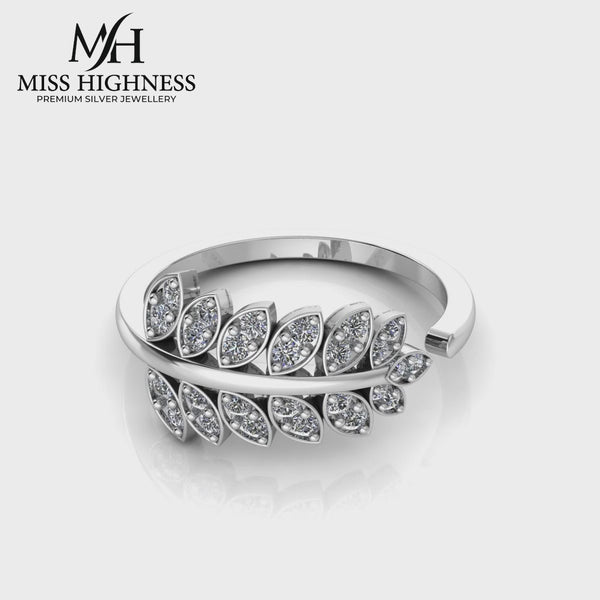 925 Sterling Silver leaf shape zircon studded Freesize Ring