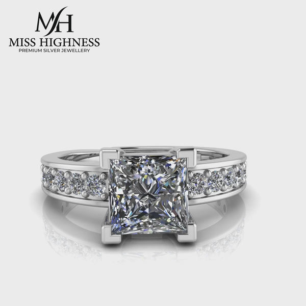 925 Pure Sterling Silver Princess Diamond Cut Ring for Ladies