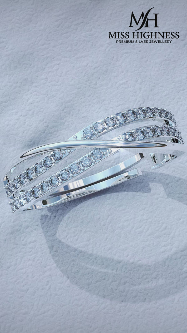 925 Sterling Silver Zircon studded three line Free size Ring